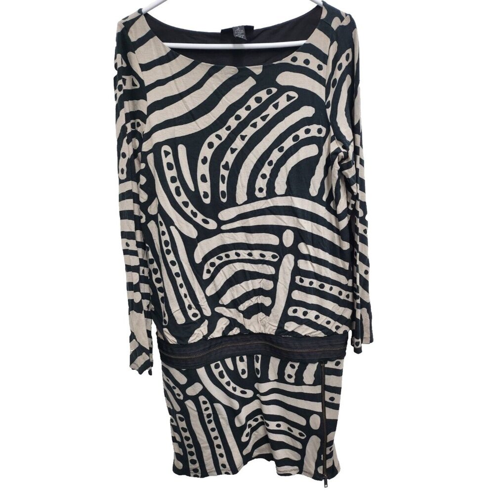 INC International Concepts Dress Large Black Beige Abstract Artsy Long Sleeves